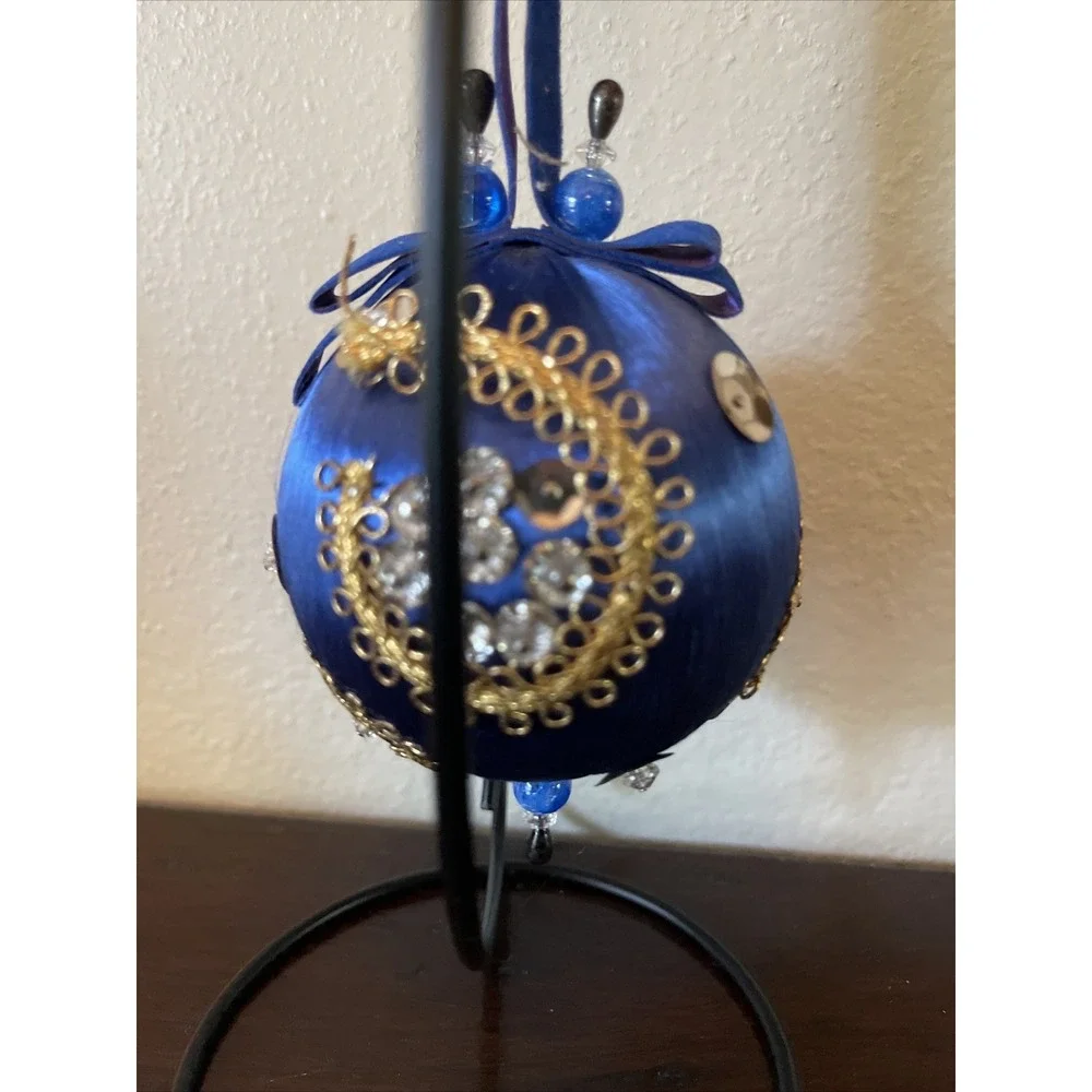 Vintage Bead‎ Sequin Push Pin Christmas Tree Ornament Blue Satin Completed